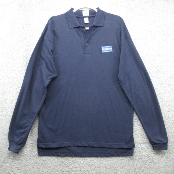 Blockbusters Long Sleeve Polo Shirt Vintage Mens Large Navy Blue Employee - Picture 1 of 8